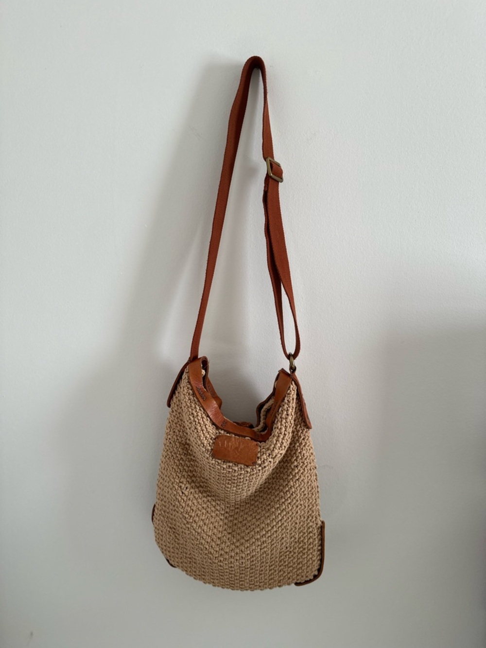 Vintage Lucky Brand Woven Crossbody with Brown Leather Trim